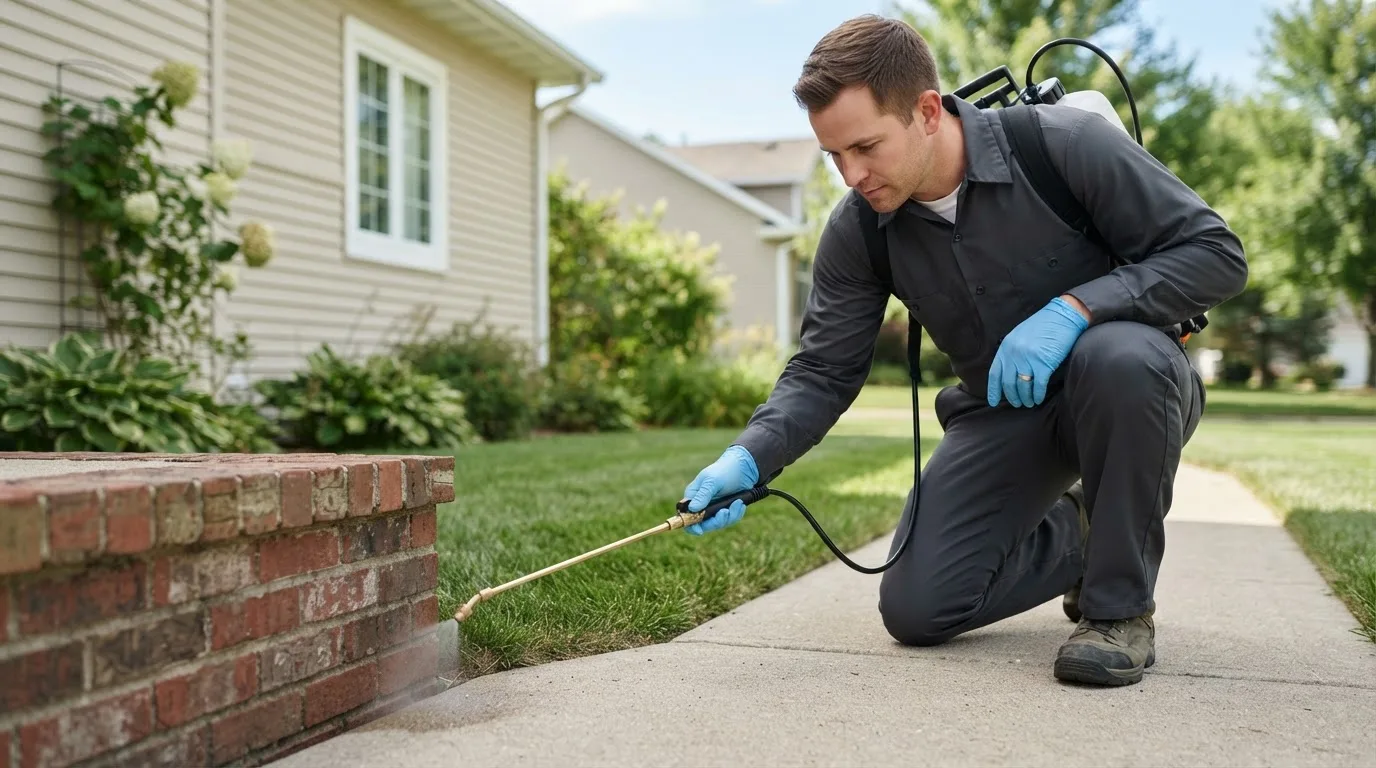 Pest control technician treating a home near Dawson, PA